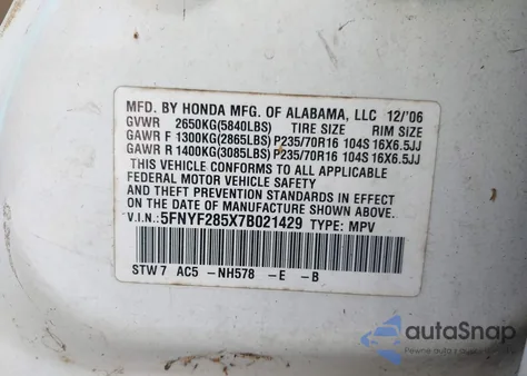 2007 Honda Pilot Ex-L from USA, damaged, VIN 5FNYF285X7B021429